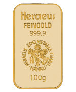 100 Gramm Heraeus Goldbarren alte Form